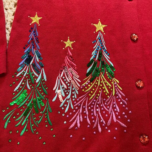 Quacker Factory Red Embroidered Sequin & Stud Tree Button Front Cardigan XXS - Picture 5 of 9